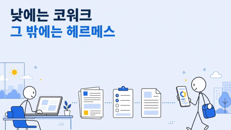 낮에는 노트북 앞에서 문서를 다루고, 이동 중에는 휴대폰으로 이어지는 작업을 확인하는 두 스틱맨과 자료·체크리스트 흐름