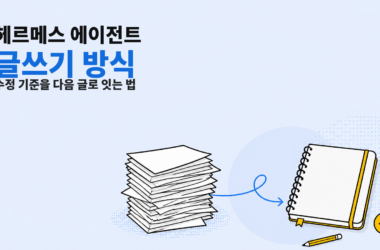 여러 장의 원고가 정리 노트로 이어지는 모습으로 수정 기준을 다음 글에 남기는 헤르메스 에이전트 글쓰기 방식을 표현한 이미지