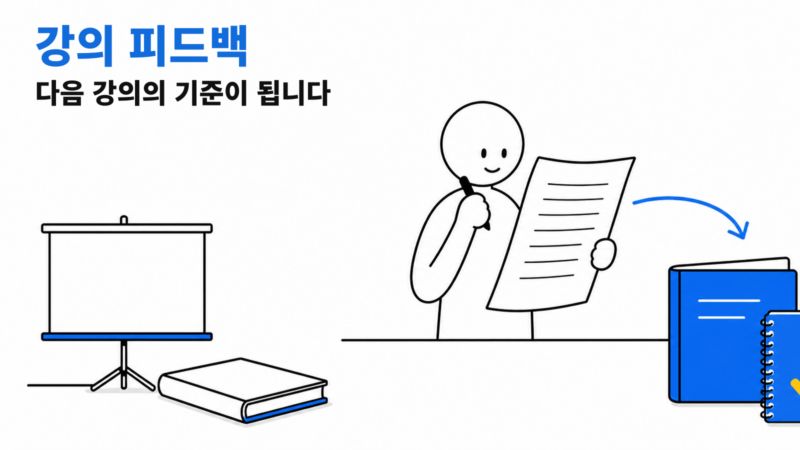 강의 피드백 문서를 검토하고 다음 강의용 워크북을 준비하는 강사의 일러스트
