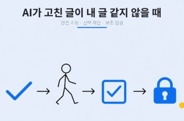AI 원고 수정을 안전 수정, 선택 제안, 보존 점검의 세 단계로 나누는 스틱맨 일러스트