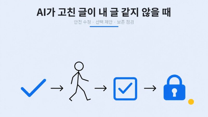 AI 원고 수정을 안전 수정, 선택 제안, 보존 점검의 세 단계로 나누는 스틱맨 일러스트
