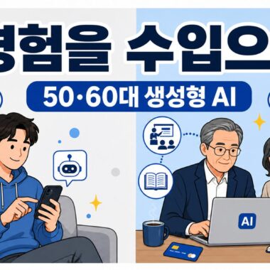 젊은 층의 잦은 AI 사용과 50·60대의 깊은 AI 투자를 비교한 일러스트