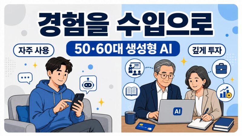 젊은 층의 잦은 AI 사용과 50·60대의 깊은 AI 투자를 비교한 일러스트