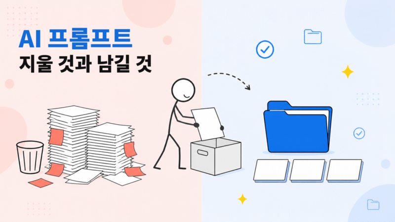 오래된 프롬프트 문서 더미를 정리하고 필요한 기준 카드를 남기는 모습