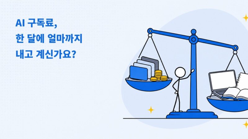 AI 구독료와 연구·강의·책 작업의 균형을 저울로 표현한 일러스트