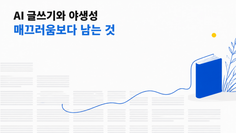 AI 글쓰기와 야생성: 정돈된 회색 문장 블록에서 파란 선이 책과 식물로 이어지는 대표 이미지