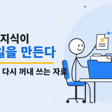 폴더에서 자료를 꺼내 글·강의·책으로 연결하는 과정을 보여주는 스틱맨 일러스트