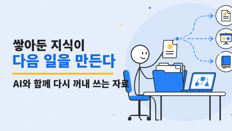 폴더에서 자료를 꺼내 글·강의·책으로 연결하는 과정을 보여주는 스틱맨 일러스트