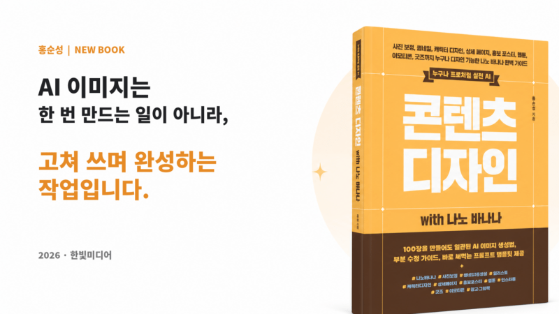 실전 AI 콘텐츠 디자인 with 나노 바나나 책 표지와 AI 이미지를 고쳐 쓰며 완성하는 작업이라는 문구가 담긴 홍순성 신간 소개 이미지