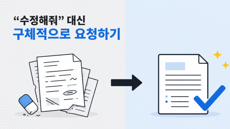 수정해줘 대신 구체적으로 요청하기라는 제목 아래, 흐트러진 문서가 정리된 문서로 바뀌는 모습을 보여주는 대표 이미지