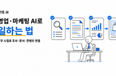 영업 담당자가 노트북에서 시장 조사, 견적서, 보고서, SNS 콘텐츠 작업을 순서대로 연결하는 AI 업무 흐름 일러스트